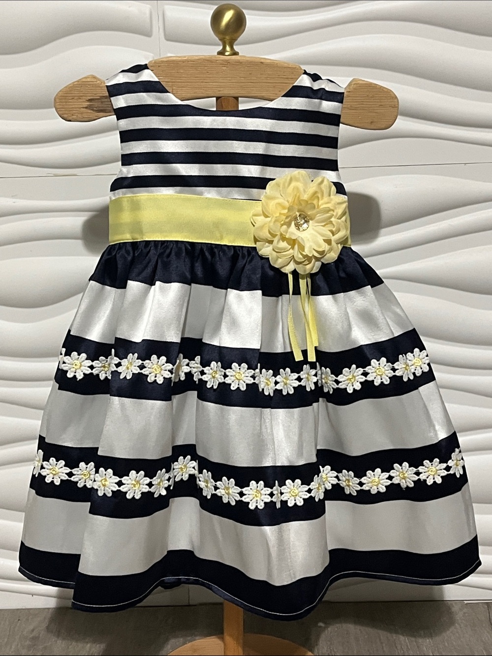 Navy & White Striped Flower-Trim Dress with Yellow Sash